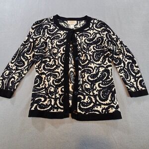 Talbots Cardigan Women Petite Black Cream Paisley 100% Merino Wool Button Front